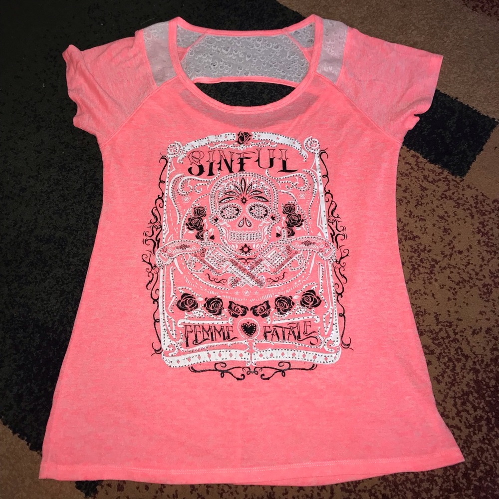 Sinful Neon Pink Short Sleeve Tee with Graphic Skull